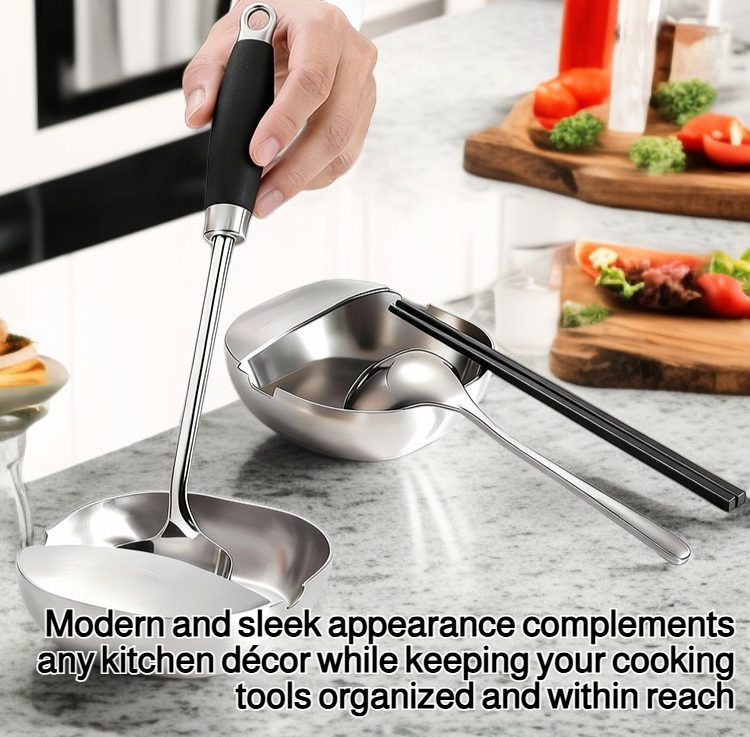 Upright spoon tray on stovetop with spatulas