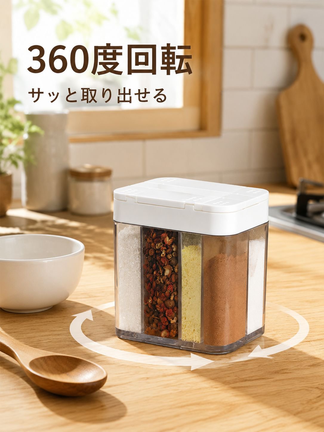 キッチン用仕切り付き防湿回転調味料ボックス