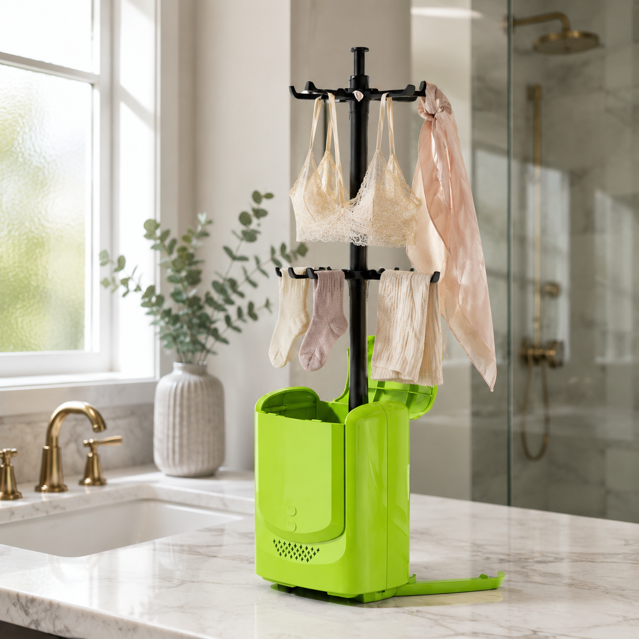 Small, foldable, portable clothes dryer; indoor drying; no installation required; 360° hot air funct