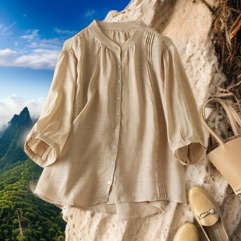 2025 여름 차이나 풍금 주름 면 마 5부 블라우스 여 여름 기질 드러나는 문예 티셔츠 블라우스 여