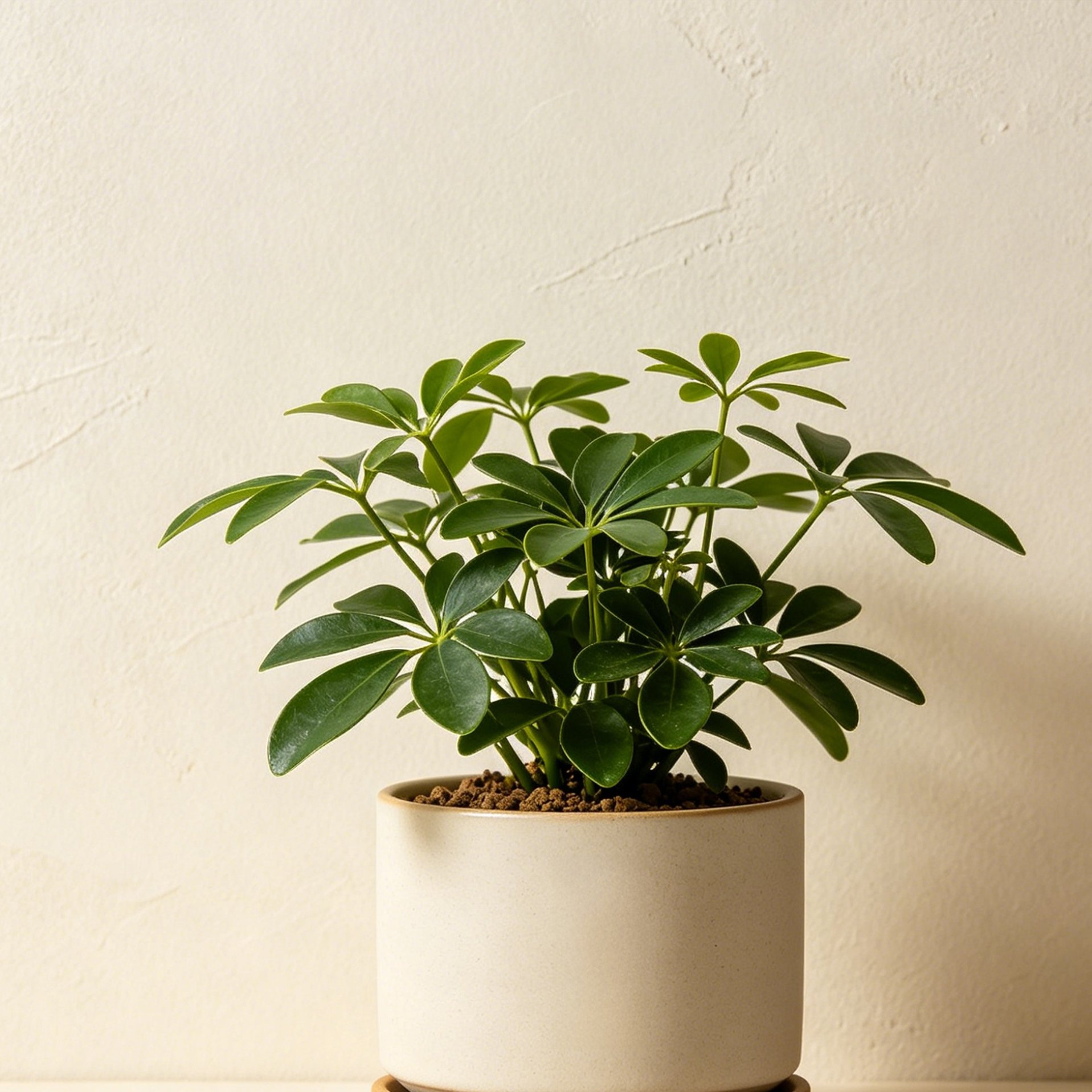 Close-up of healthy Schefflera leaves in decorative pots