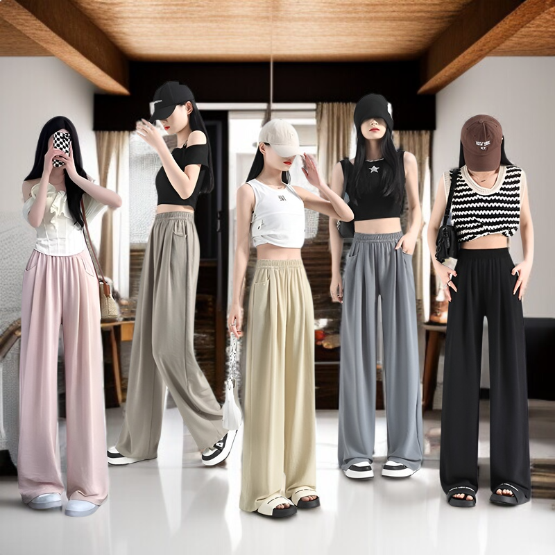 여름바지 여 하이웨스트 와이드 팬츠 마운틴 팬츠 아이스 와이드 팬츠 캐주얼 팬츠 와이드 팬츠 여 여름 봄바지 여 하이웨스트 아이스 와이드 팬츠