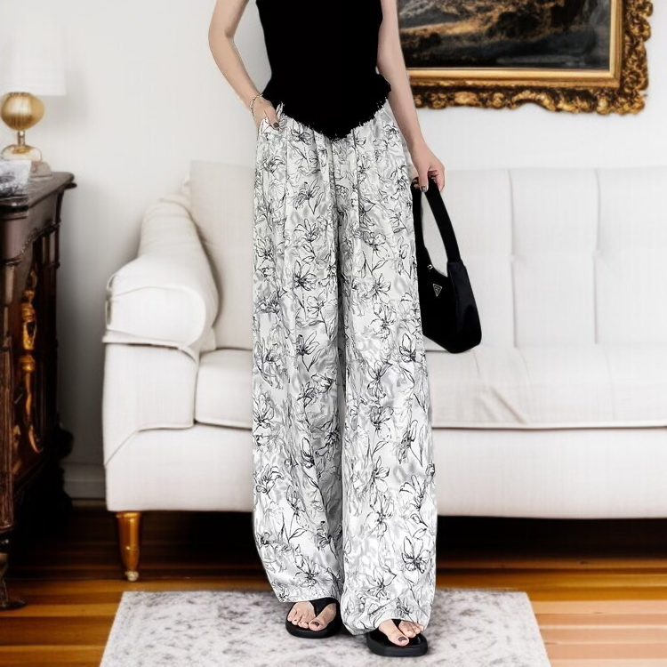 와이드 팬츠 여 패션 수묵 팬츠 처짐 날씬해 보이는 하이웨스트 일자 스커트 슬림핏 플라워 와이드 팬츠