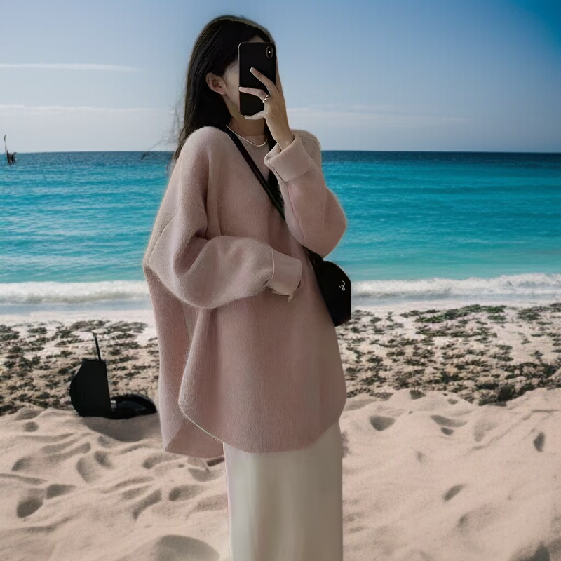 ニット セーター レディース 冬 長袖 ラウンドネック モヘア プラッシュ 暖かい セーター レディース 2024 秋冬 ソリッドカラー 多用途 ソフト ワックス状 高品質 アウター ニット ボトム 