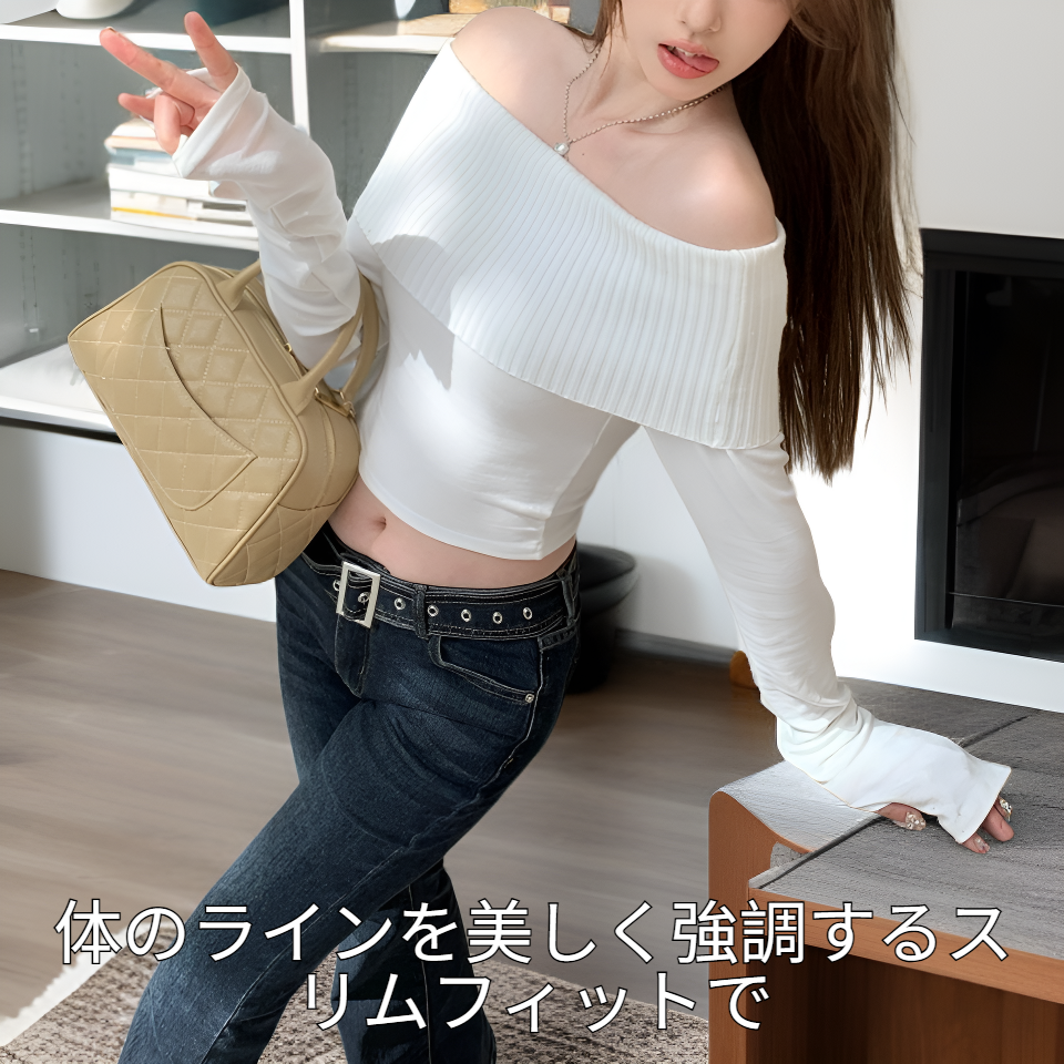 セクシーオフショルダーパッチスリムトップス韓国風レディース