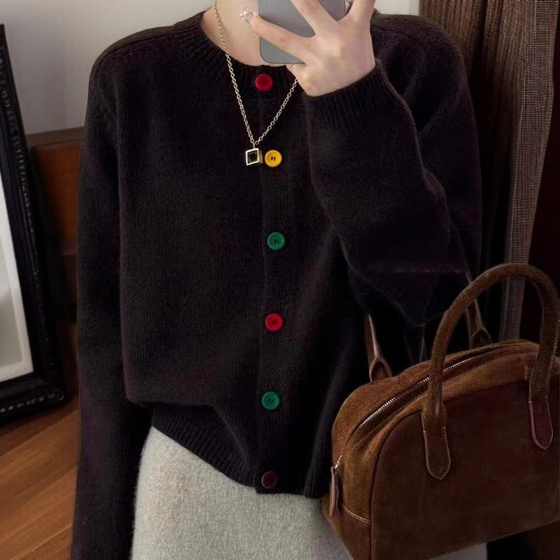 연령감소 쇼트 니트 카디건 코트 루즈 라운드 니트 카디건 단추 니트 카디건녀