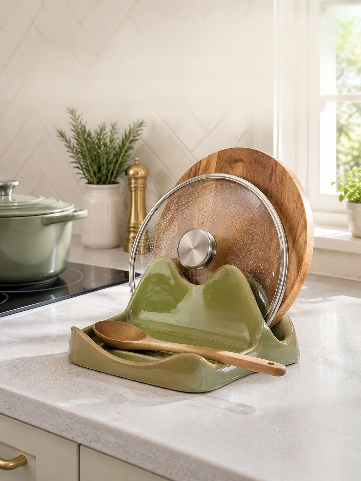 Ceramic pot lid and cutting board rack with spoon rest organizer on a kitchen countertop