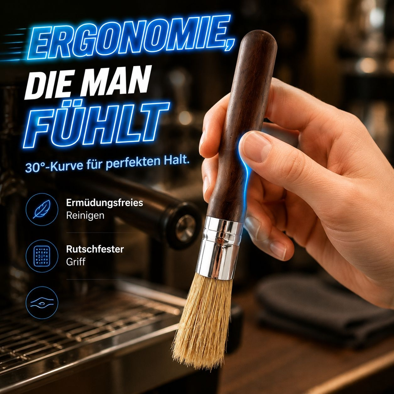 Schlanke Massivholz-Kaffeebürste, geeignet für Kaffeemaschinen und Mühlen