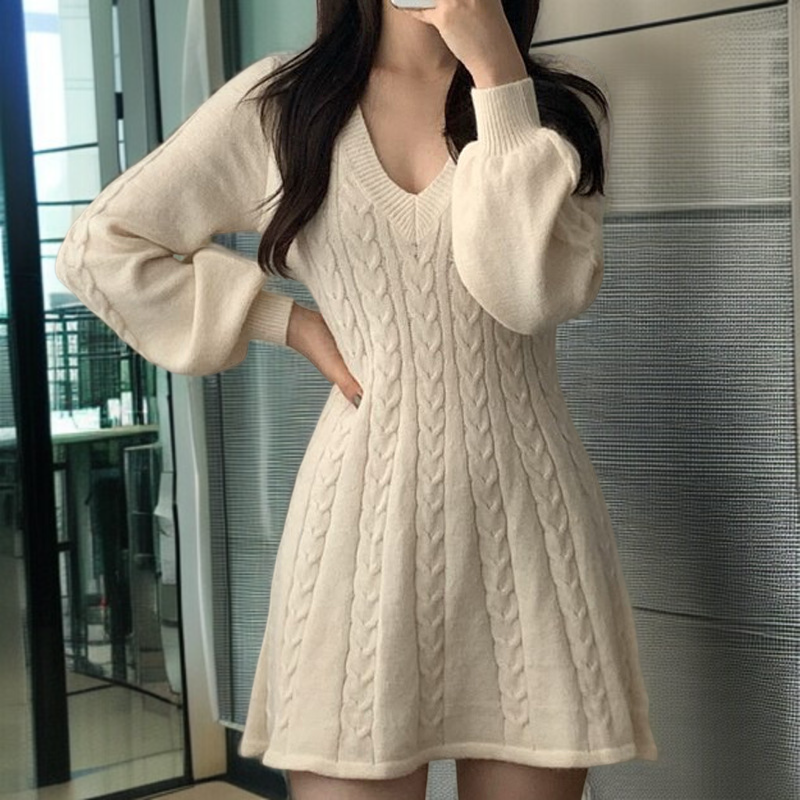 秋冬のヴィンテージ風麻の花柄Vネックウエストマークの小柄ロングスリーブAラインニットワンピース女性向け