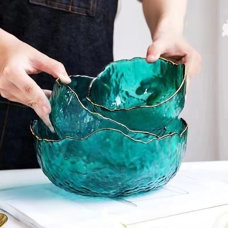 金邊錘紋玻璃沙拉碗水果盤