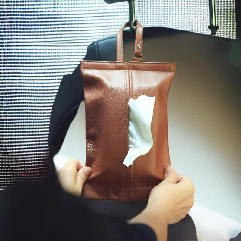 吊り下げ式ティッシュボックス/車用ティッシュディスペンサー。本革製で、耐熱性と耐日光性があり、シンプルなデザインで、省スペース、引き出しやすく、ほとんどのティッシュサイズに適しています。