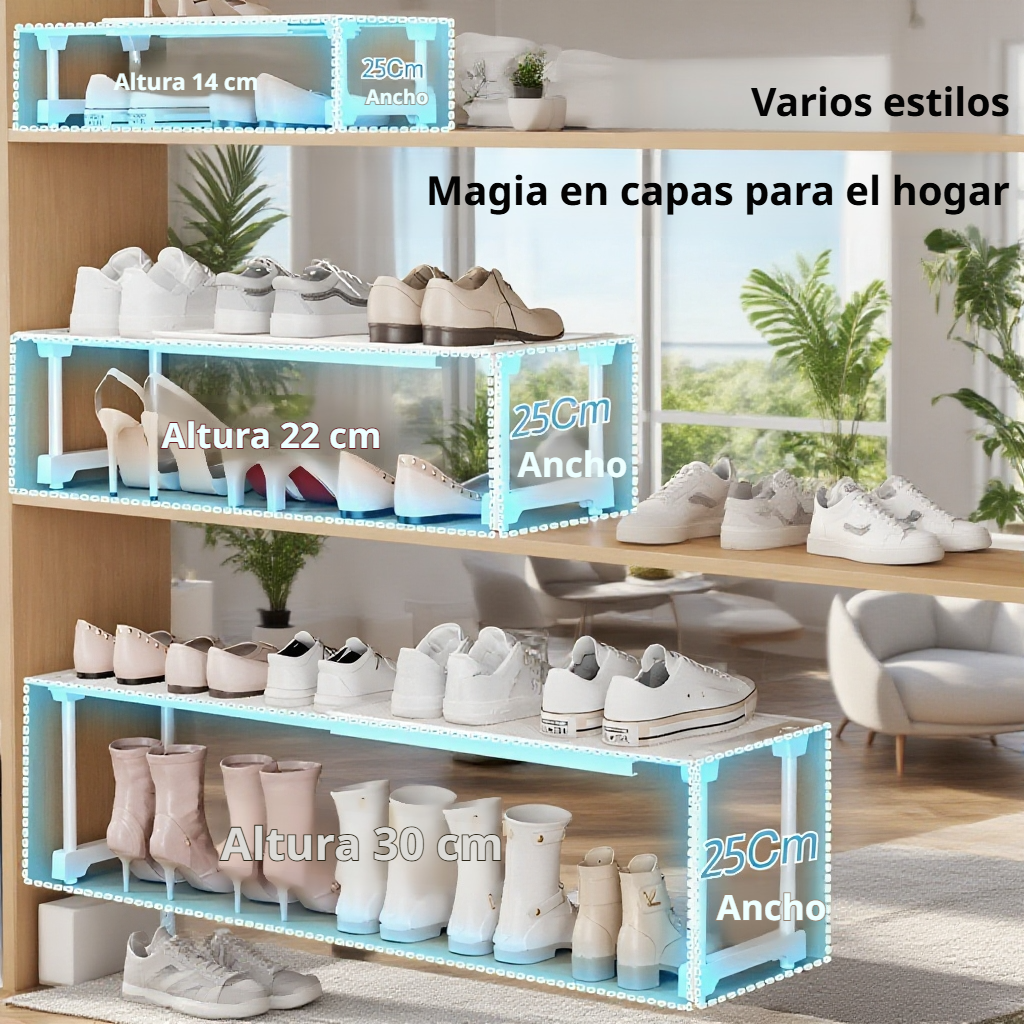 Zapatero extensible con compartimentos en capas para ahorrar espacio