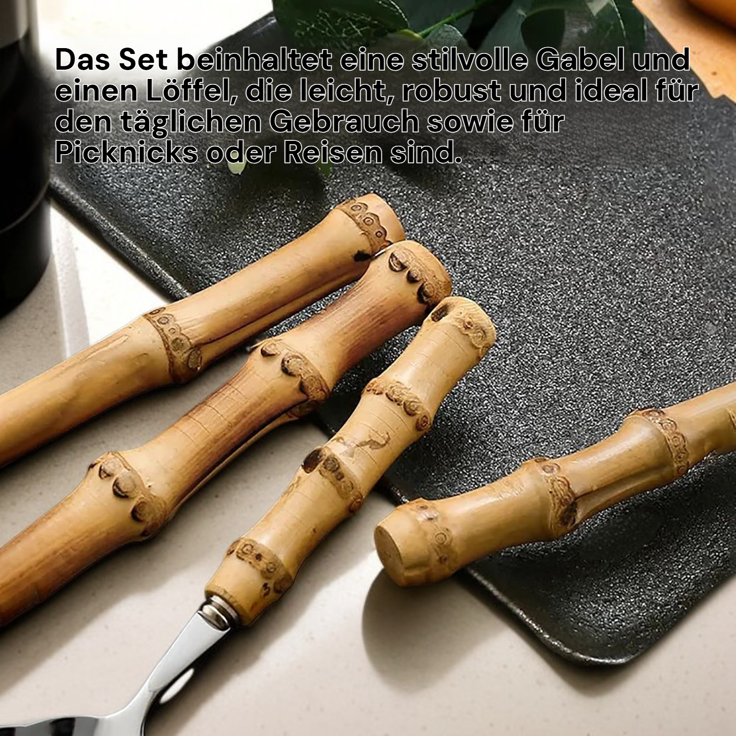 Natürliches Bambusbesteck-Set, handgefertigte Küchenutensilien mit Gabel und Löffel