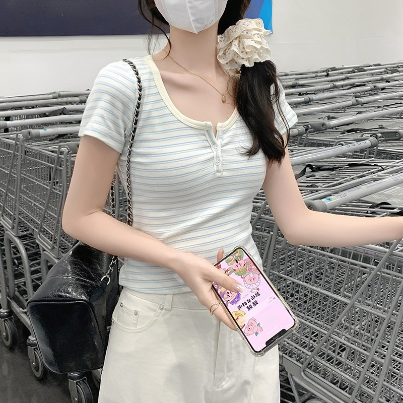 정어깨 스트라이프 반팔 티셔츠 여성 학생 숏 상의