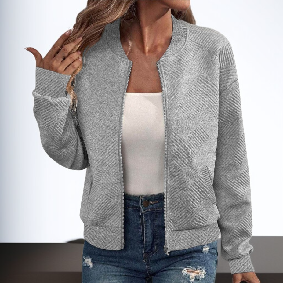 レディース ラウンドネック 長袖 ジッパー付きポケット カジュアルジャケット ベースボールジャケット