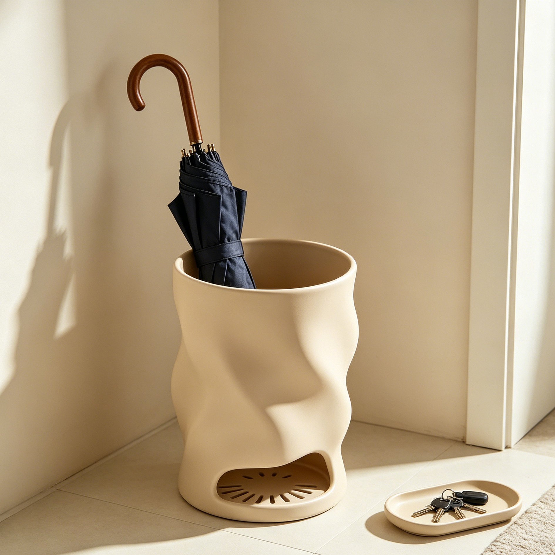 Umbrella organizer bucket holding multiple umbrellas