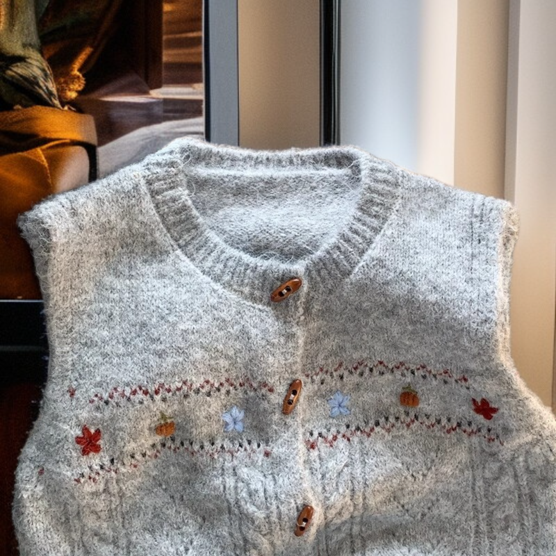 레트로 니트 베스트, 핸드메이드 플라워 패턴 스웨터