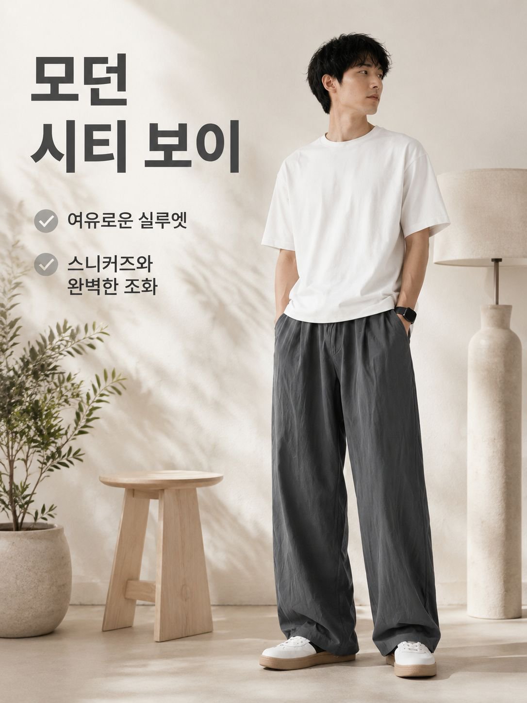 남성용 린넨 코튼 루즈핏 팬츠 전체 이미지