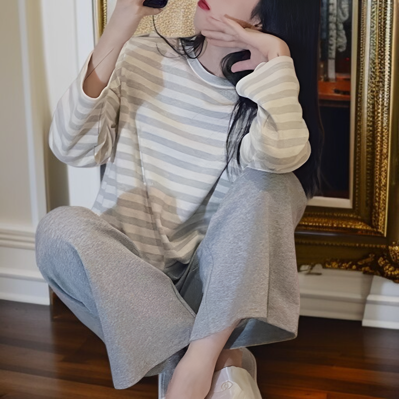 シンプル丸首長袖レディースルームウェアストライプセット