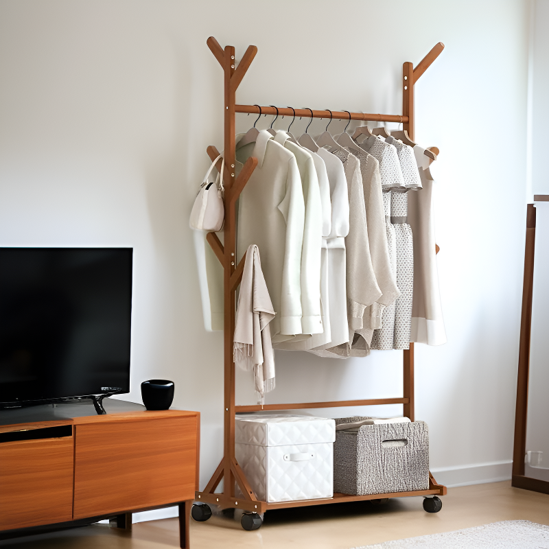 Wooden Multifunctional Hat Stand Quilt Drying Pole Clothes Hanger for Balcony and Bedroom