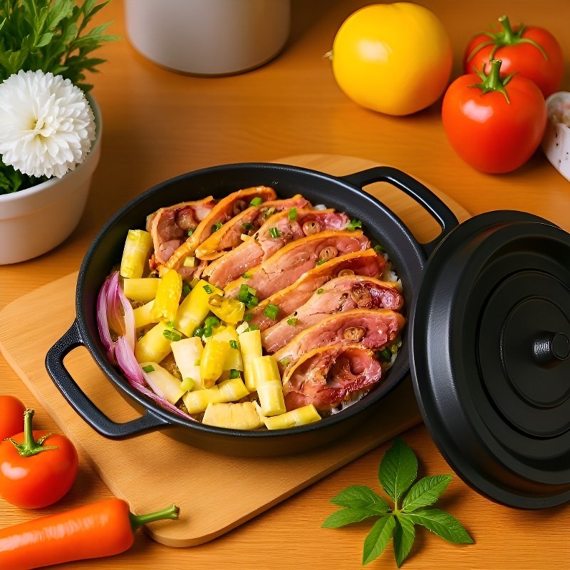 昔ながらの両手鋳鉄製ノンスティックシチュー鍋