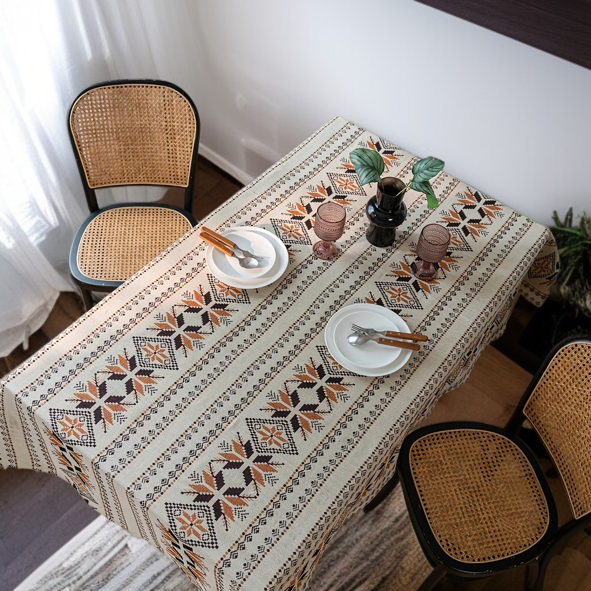 두꺼운 유화 스타일 식탁보, 커피 컬러 기하학 폴리에스테르 테이블 커버