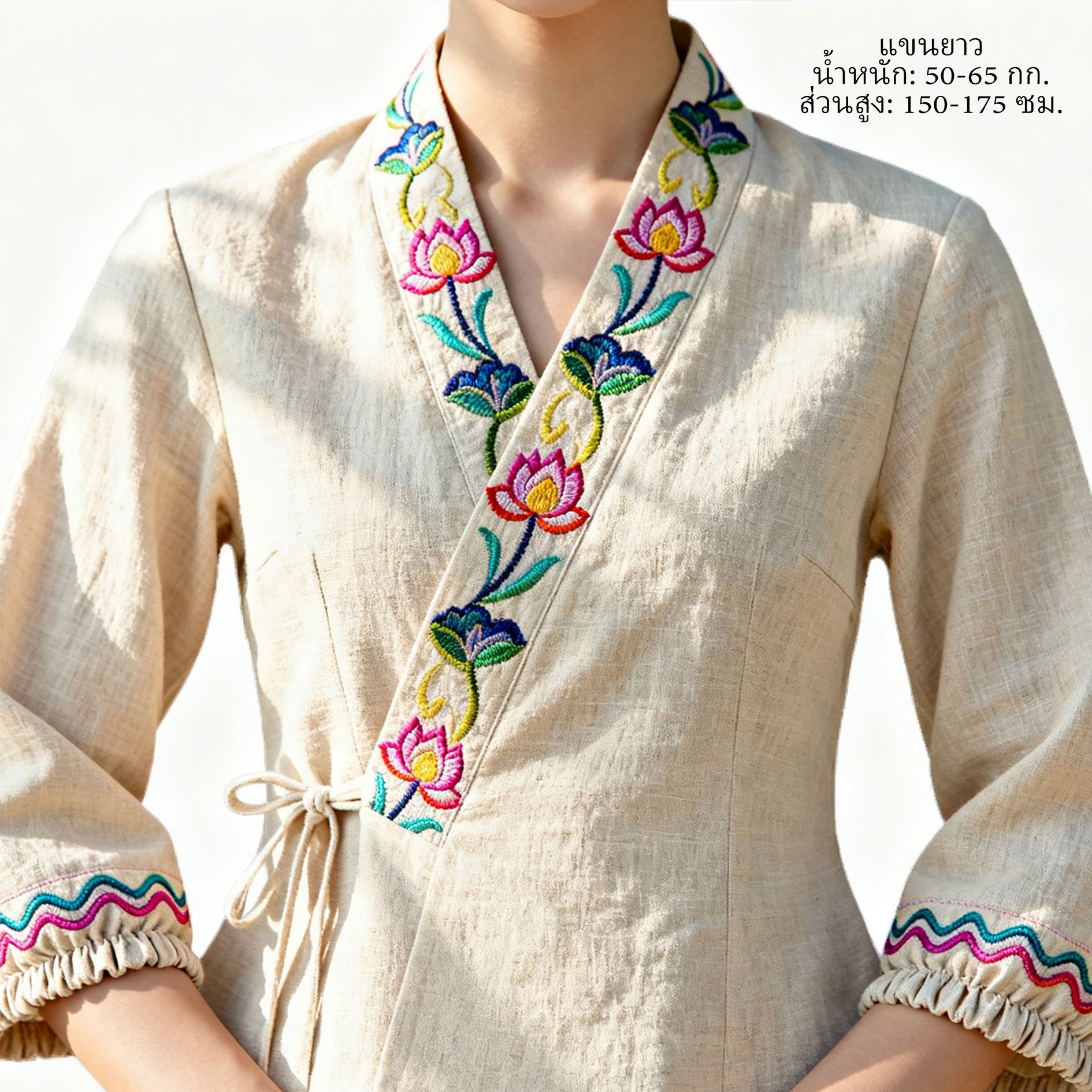 รายละเอียดลายปักดอกบัวบนเสื้อผู้หญิง