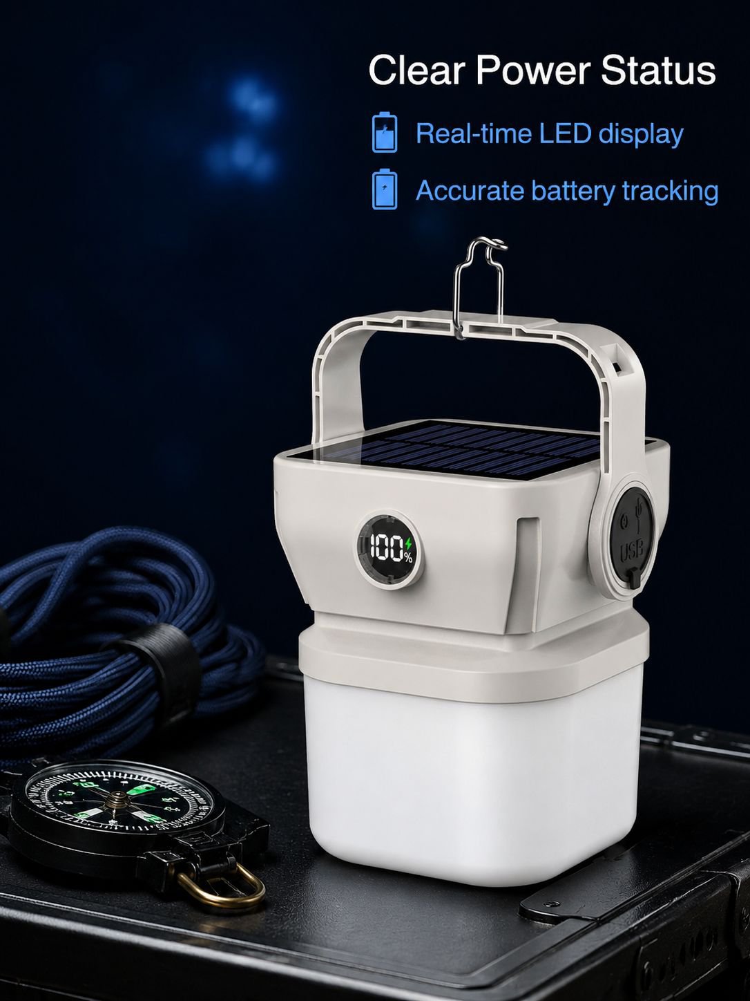 Portable solar outdoor camping lantern with hanging hook