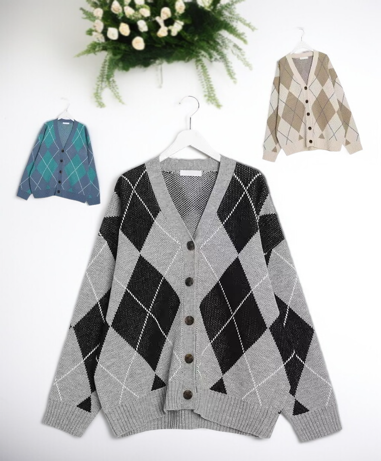 트렌디 당색 아가일 카디건 전면 이미지