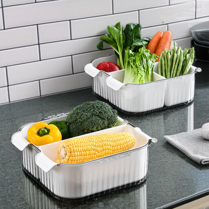 Home Kitchen Doppellagige Obst und Gemüsewaschschüssel Kompartimentierte Abtropfkorbplatte Gemüsekor