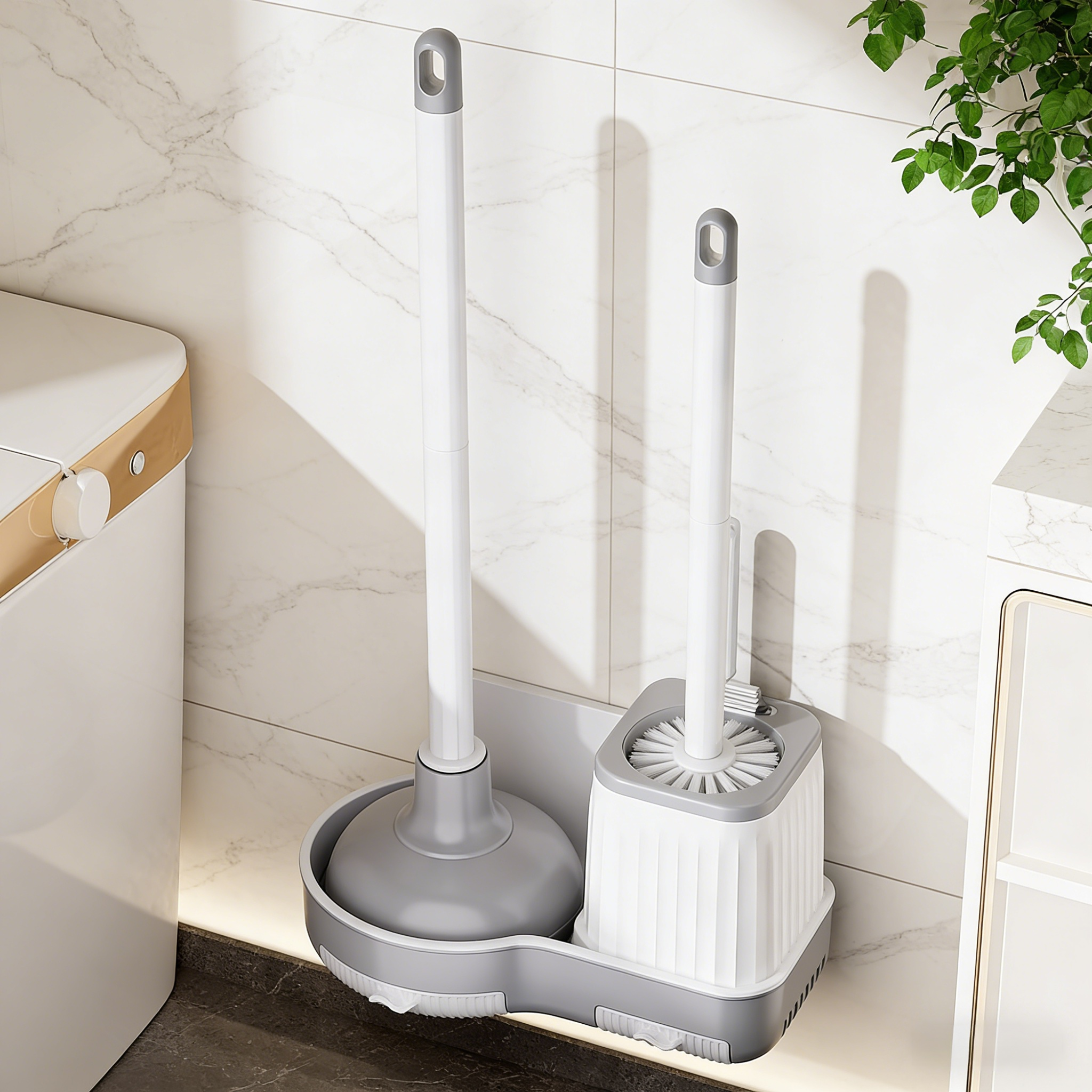 Space-saving toilet brush mounted on bathroom wall