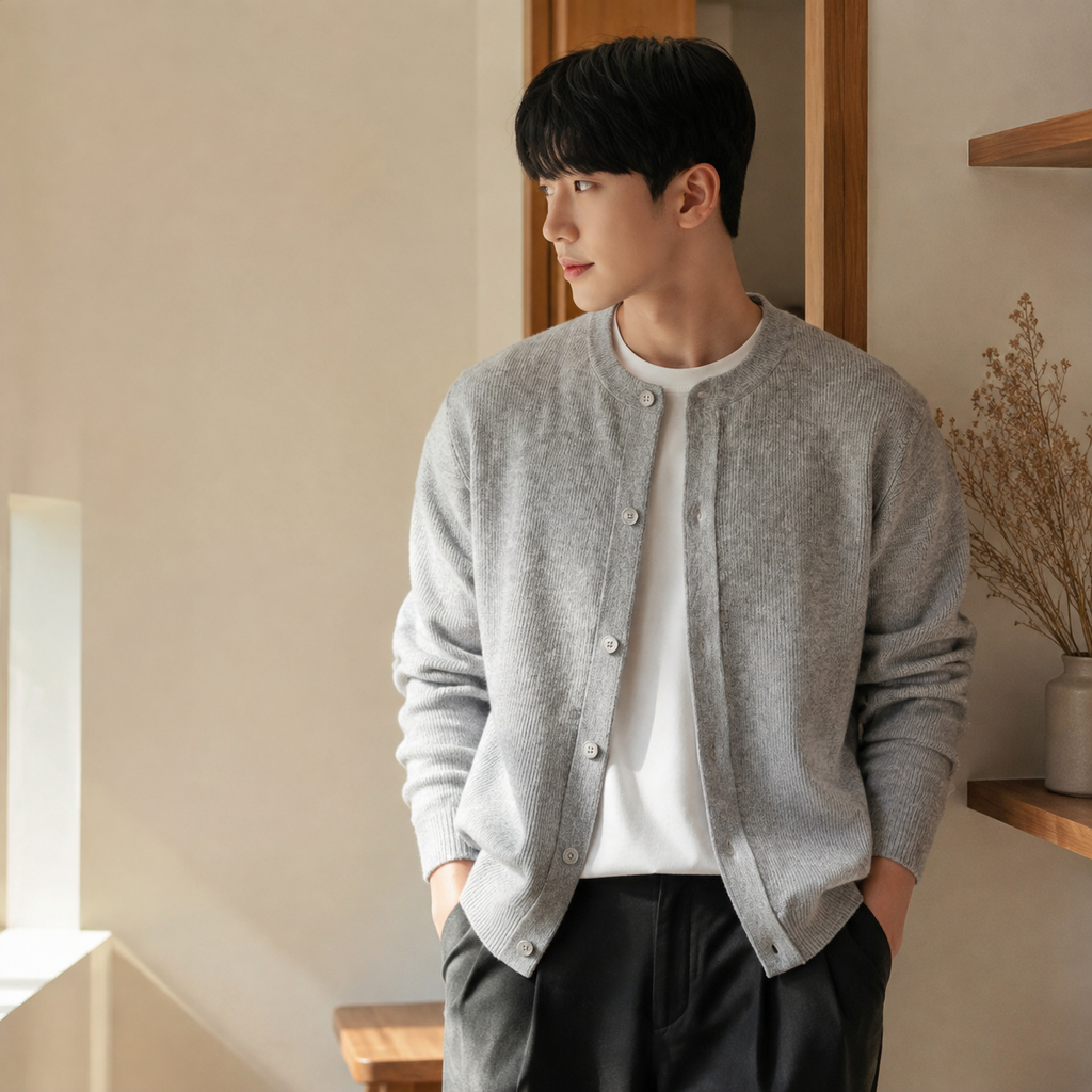 남성 한풍 심플 솔리드 컬러 가을겨울 라운드넥 가디건