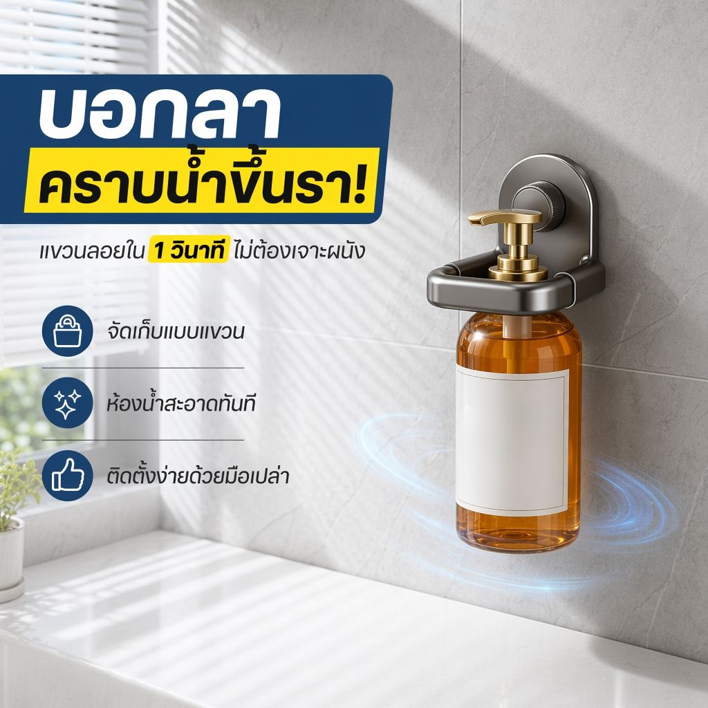 ที่แขวนฝักบัวแบบไม่ต้องเจาะติดผนัง ที่วางขวดแชมพูสุญญากาศ อเนกประสงค์