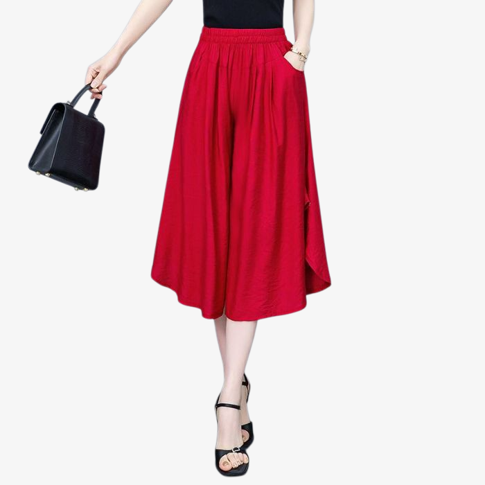 중장년 7부 하이웨스트 와이드 팬츠 와이드 빅 사이즈 치마바지 얇은 바지 날씬해 보이는 텐셀 면바지