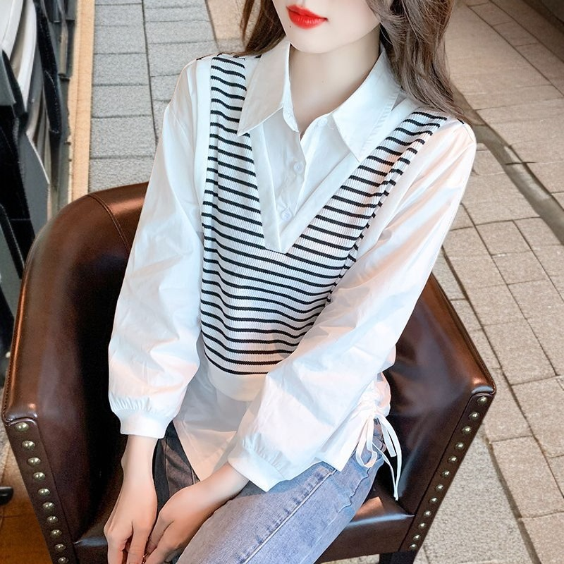 レディースフェイクツーピースストライプシャツ