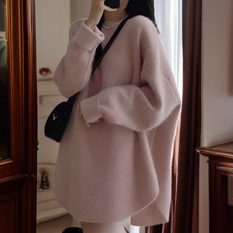 ニット セーター レディース 冬 長袖 ラウンドネック モヘア プラッシュ 暖かい セーター レディース 2024 秋冬 ソリッドカラー 多用途 ソフト ワックス状 高品質 アウター ニット ボトム 