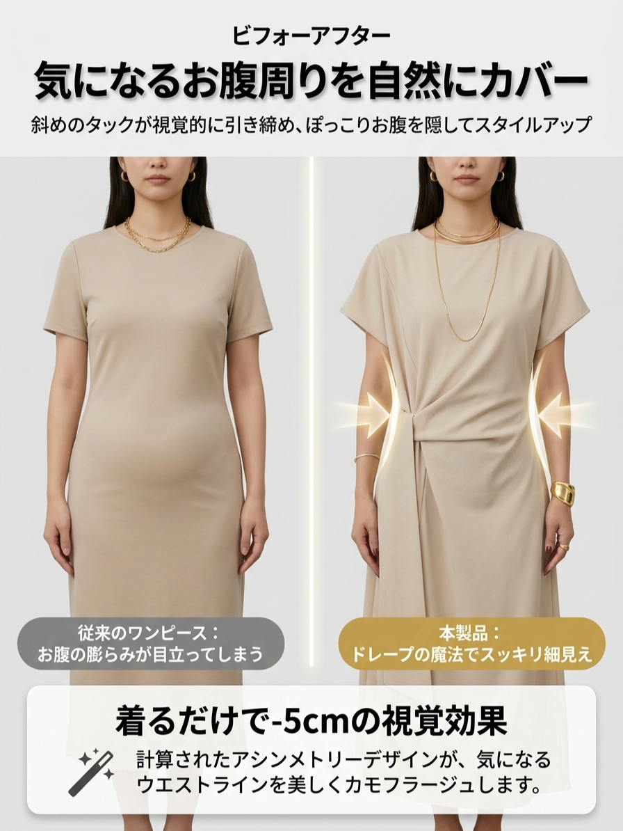 ヘップバーン風ウエスト絞りリボン付きフレンチスリーブワンピース