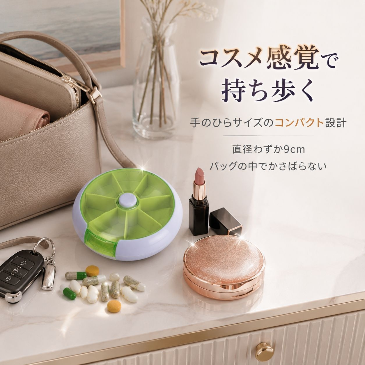 7日分回転式ピルケース、携帯型仕切り付き薬収納ボックス