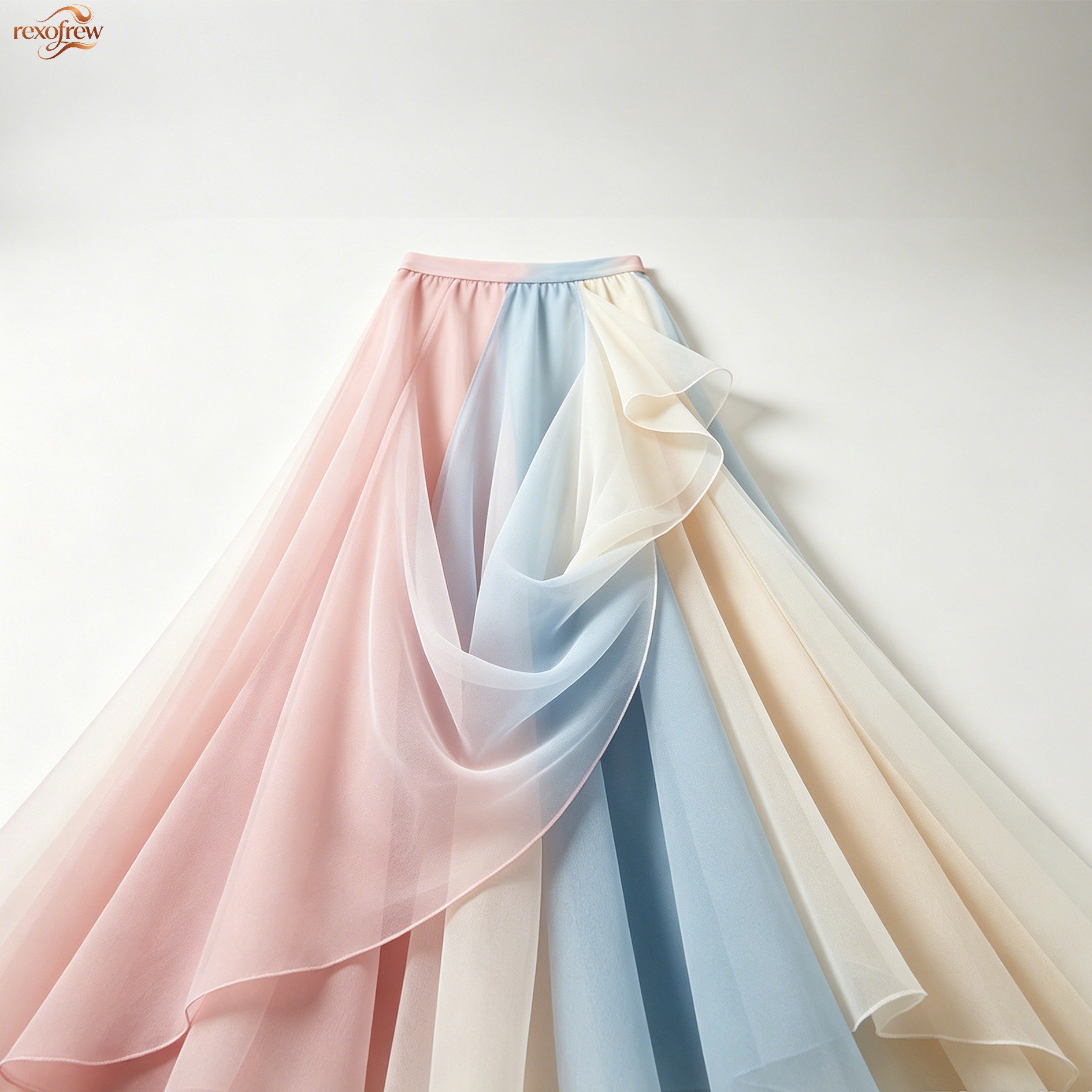 여성 모델이 착용한 컬러 블록 시폰 맥시 스커트