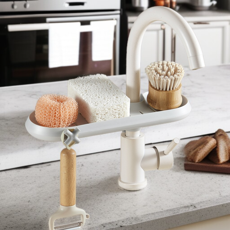 Küchenarmaturenregal für Seife, Reinigungsbürste und Spülschwamm