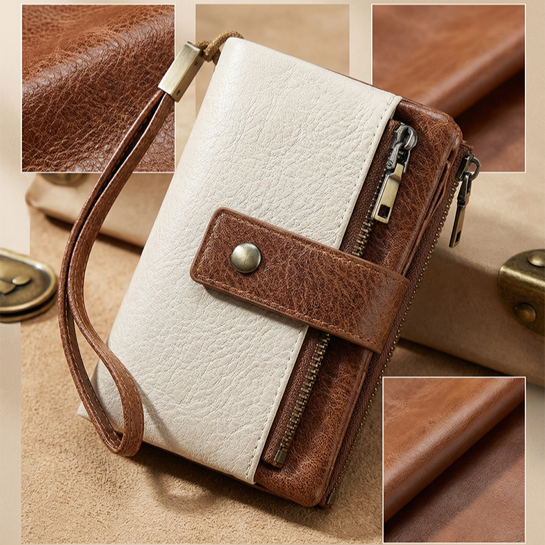 レディース三つ折りレトロレザー財布 大容量多機能短財布 スキミング防止 小銭入れ