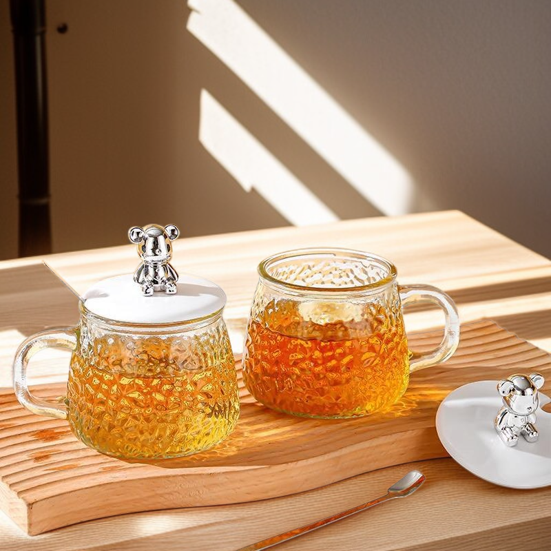 고급 곰돌이 머그컵 사무실 커피컵 물컵 유리 손잡이 꽃차컵