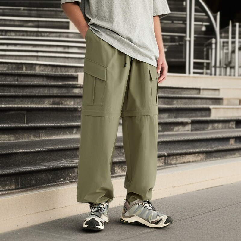 남성 아웃도어 캐주얼 팬츠 멀티 포켓 탈부착 체크 카고 바지 와이드 텍스처 캐주얼 팬츠