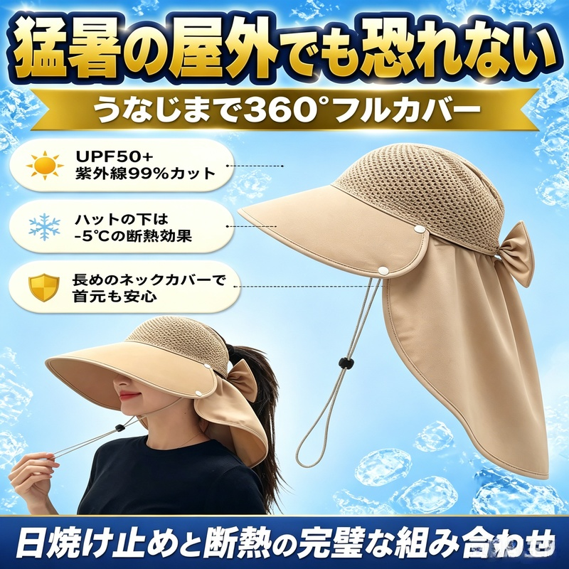 首筋まで守る日除け帽子