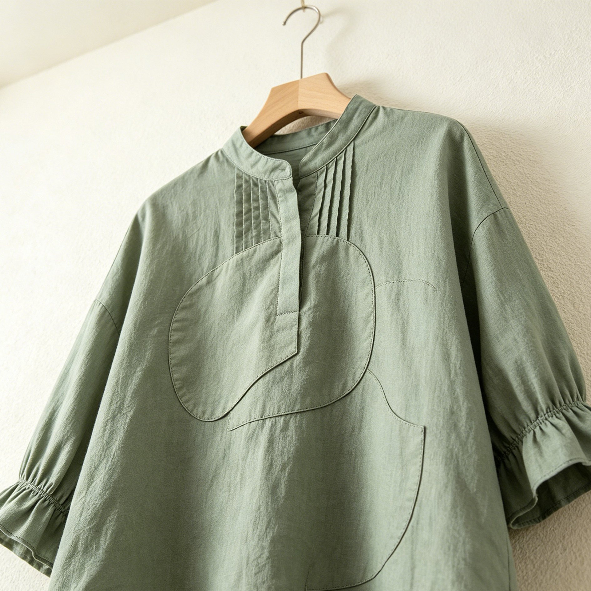 バンブーグリーンのコットンリネンプリーツトップス全体画像