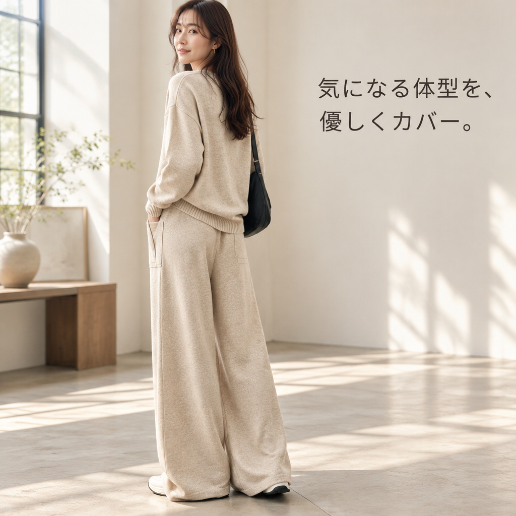 レディース春秋新作フェイクレイヤードトップス＋ワイドパンツ2点セット