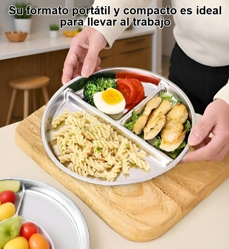 Porciones saludables organizadas en plato redondo