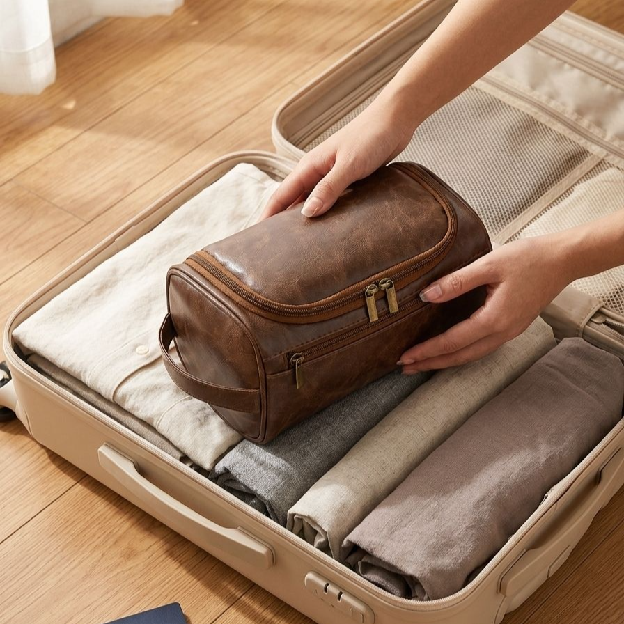 Geräumiger Leder Kulturbeutel für Reisen