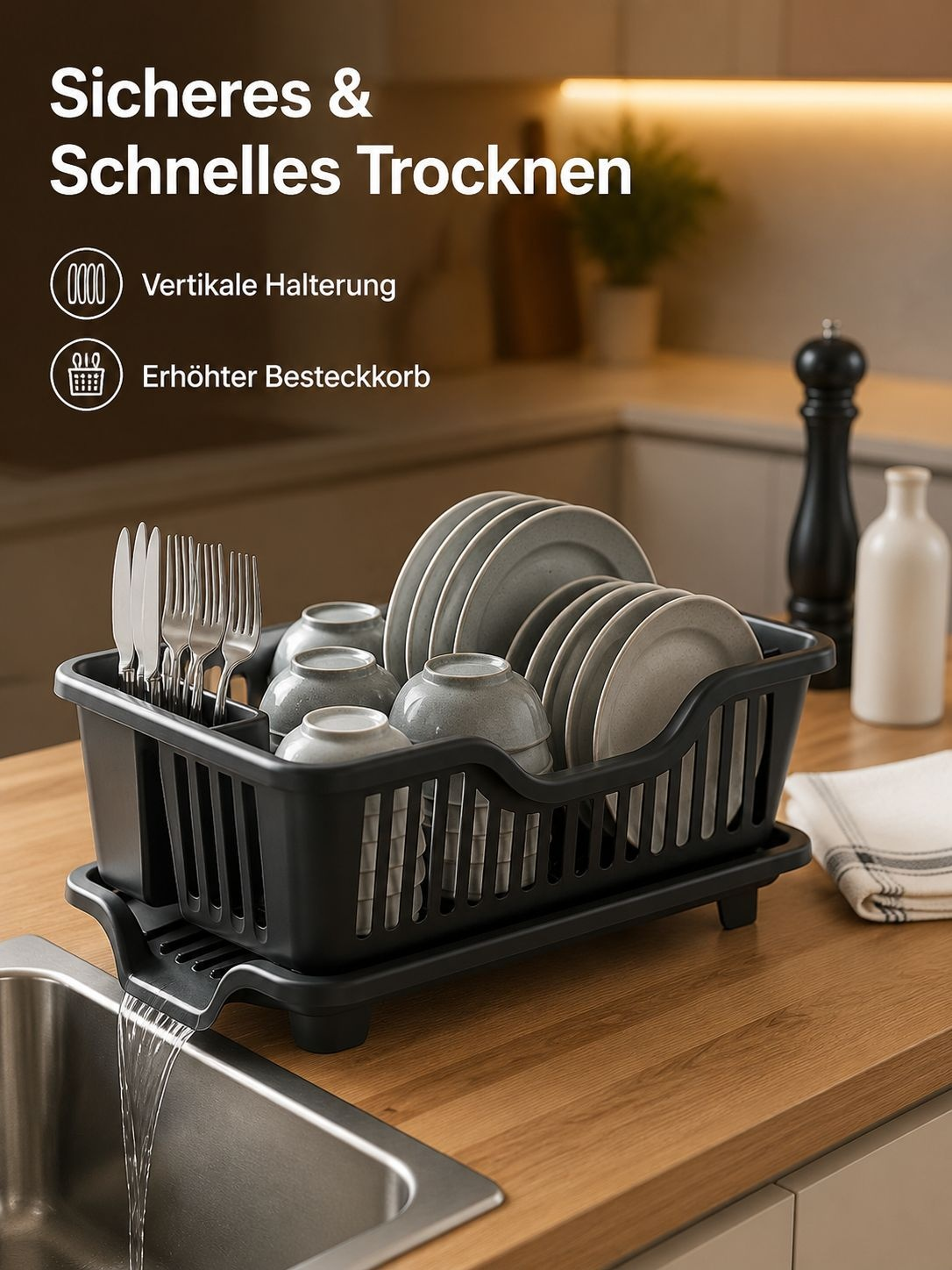 Geschirrständer mit Besteckhalter – Praktisches Regal für Schalen und Teller