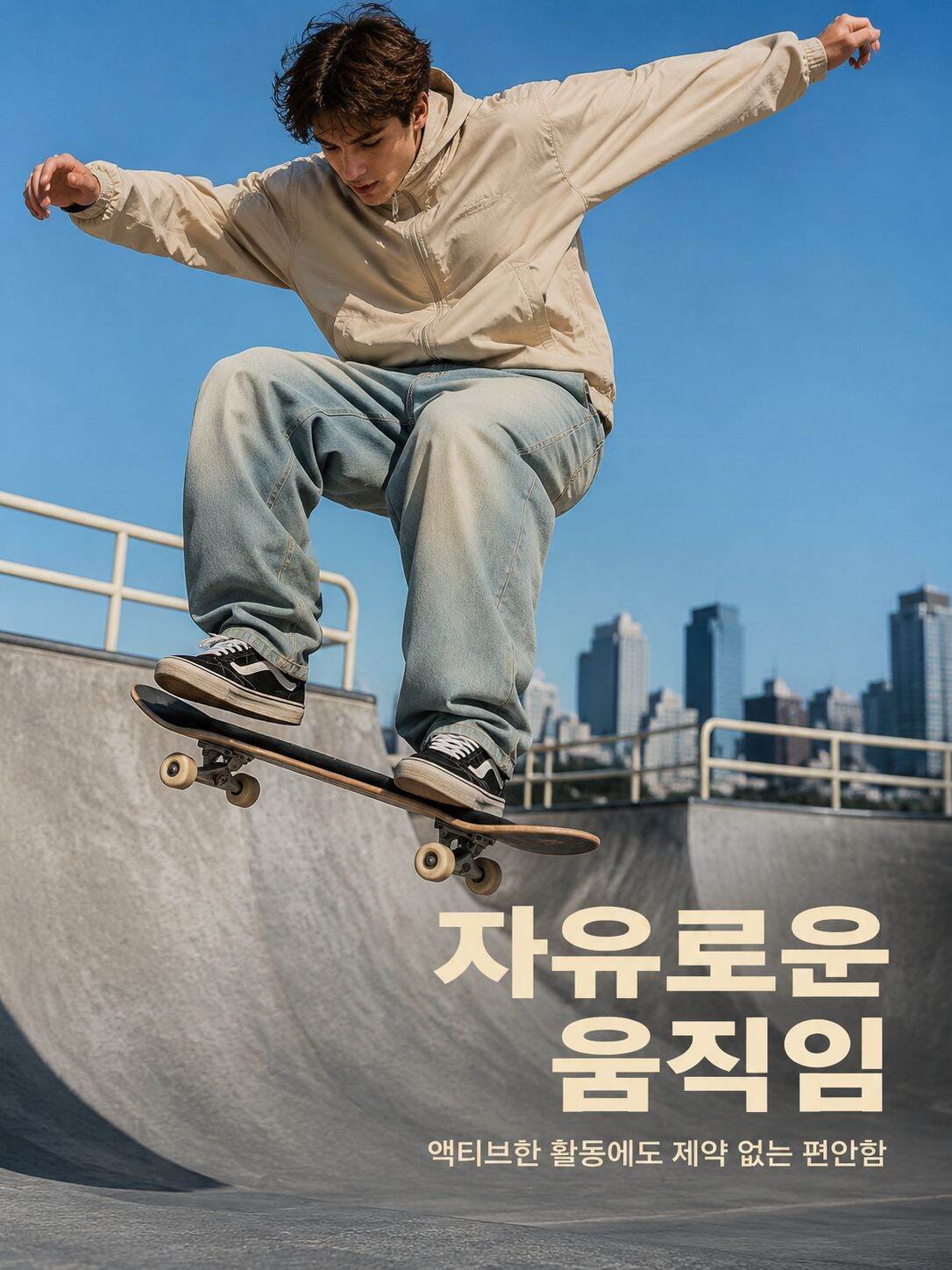 심플한 디자인의 워싱 청바지 디테일